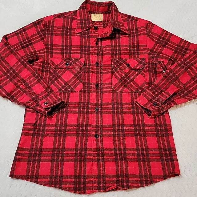 Vtg Sears Perma Prest Flannel Shirt Mens Size M Red Black Plaid 60s 70s Grunge