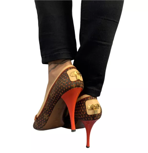 LOUIS VUITTON LV Logo Sandals Heels #38.5 US8 Open Toe Ribbon Red