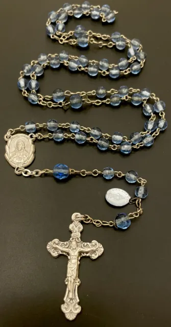 Vintage Blue Glass Rosary, Creed Crucifix, Blue Enamel Bubble Mary Medal, Italy