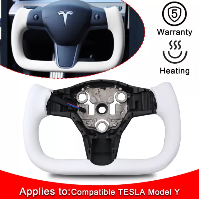 White Yoke Steering Wheel w/Heating For Tesla Model Y 2021-2023 Nappa Leather