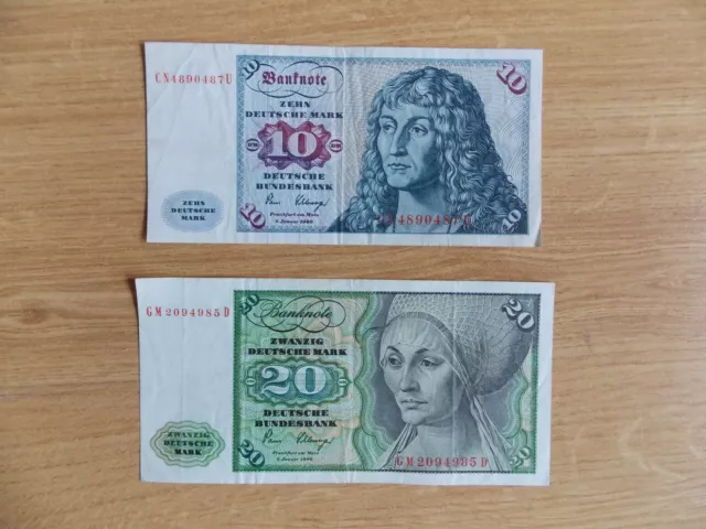 20 DM Schein, 10 DM Schein, Banknoten, Deutsche Mark, alte Geldscheine, 1980
