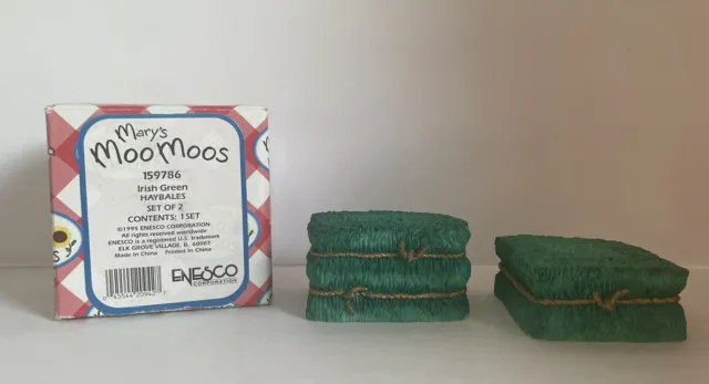 Mary's Moo Moos 1995 Irish Green Haybales Set Of 2 Figurines In Box 159786