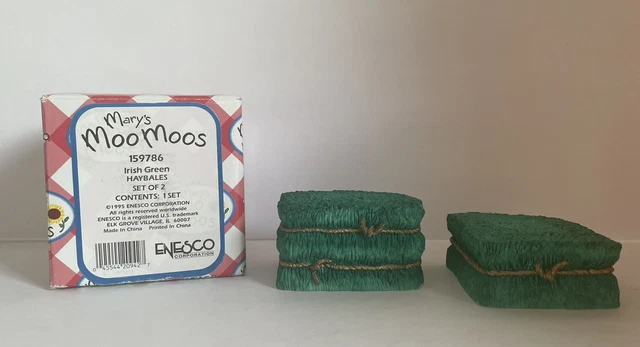 Mary's Moo Moos 1995 Irish Green Haybales Set Of 2 Figurines In Box 159786