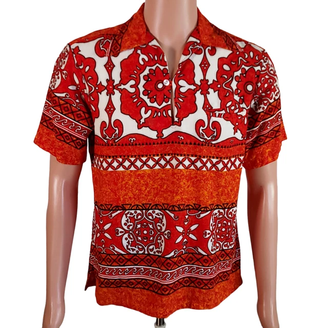 Vintage Pennys Hawaiian Shirt Tiki Floral Bark Cloth Orange Mens S - XS Pullover Vintage Pennys Hawaiian Shirt Tiki Floral Bark Cloth Orange Mens S - XS Pullover