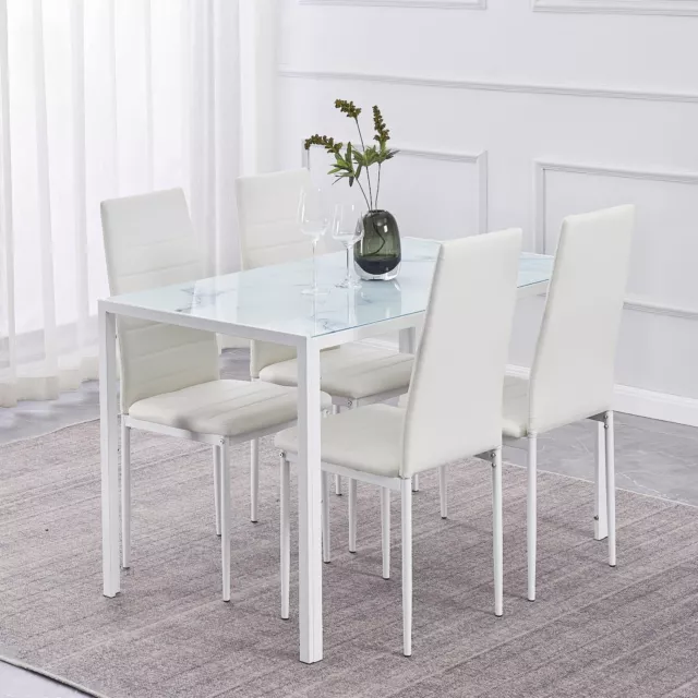 4x White Faux Leather Dining Chairs White Marble Tempered Glass Dining Table Set