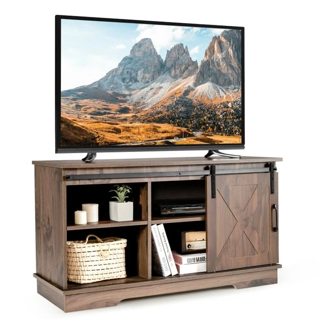 Rustic Farmhouse TV Stand Sliding Barn-Door Entertainment Center Shelf Cabinet
