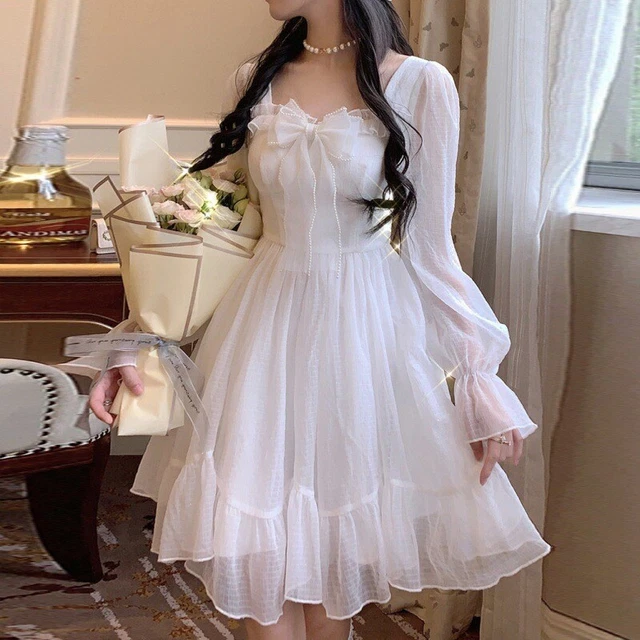 Da Donna Abito Corto Puff Maniche Fiocco a Balze Lolita Fairy Princess Casual