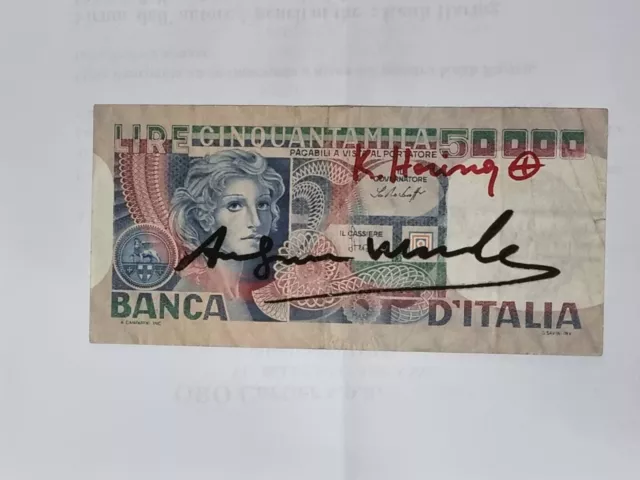 banconota 50.000 Lire RaraKeith haring E Andy Warhol firma a mano Con Certificat
