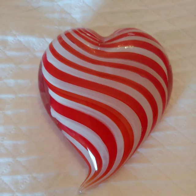 Hand Blown Red & White Striped Heart Shaped Art Glass Paperweight Valentine