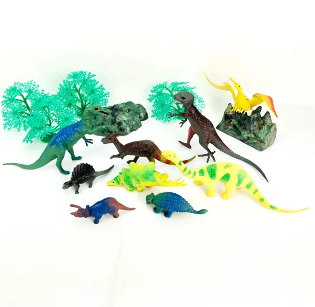 Lote de 15 juguetes de decoración de pasteles dinosaurio pterodáctilo T Rex cuello largo rocas árboles conjunto