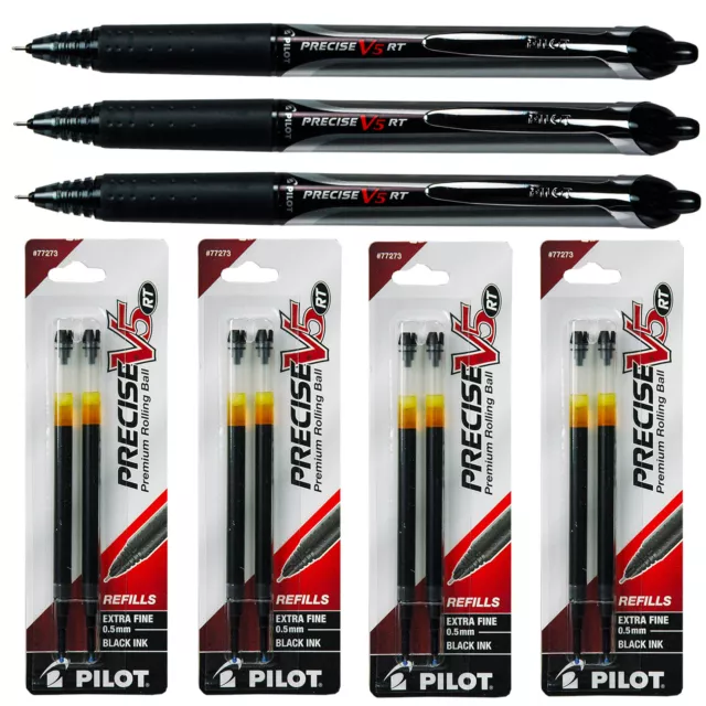 Pilot Precise V5 RT, 3 Pens With 4 Packs of Refills, Black Ink, 0.5mm X-Fine