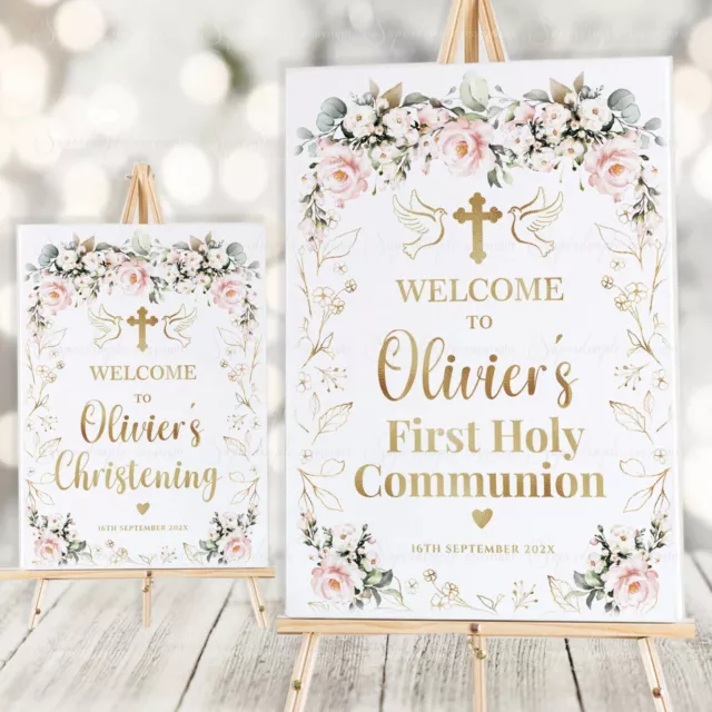 Personalised Welcome to Christening Party First Holy Communion Pink Gold Sign A2
