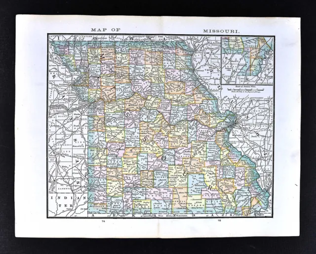 1884 McNally Missouri County Map St. Louis Jefferson Kansas City - Green Version