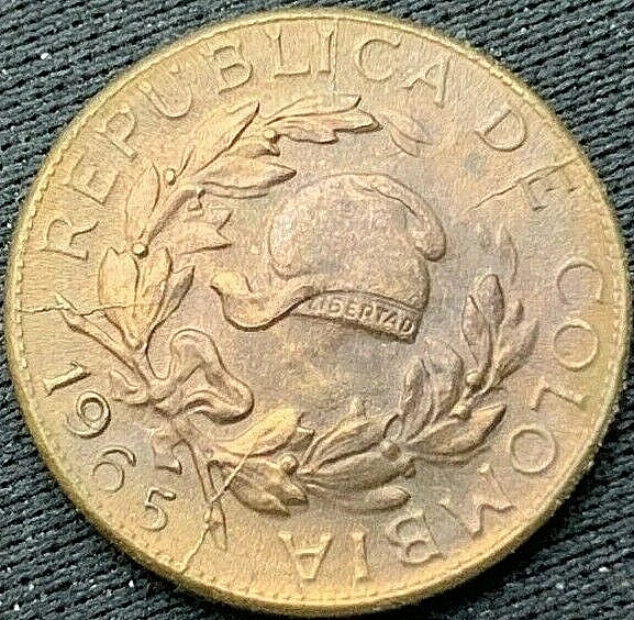 1965 Colombia 1 Centavo Coin AU UNC  Jacobin cap laurel wreath  #K420