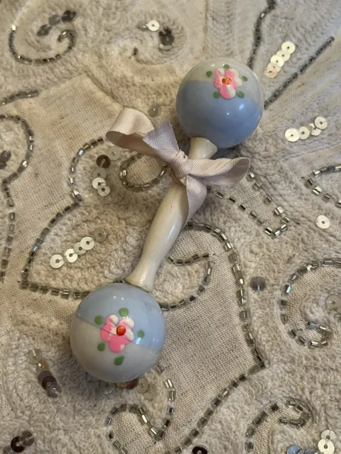 Vintage Mid-Century Hand painted Dumbbell Baby Rattle 4” For Doll Accessory