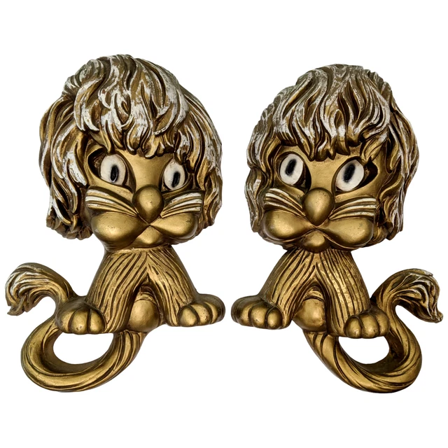 Vintage Homco Mid Century Gold Tone Lion Cubs Wall Hanging Decor Kitsch Art 12"