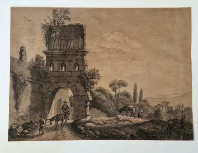 1850 ancien dessin au crayon ruine signé paysage de campagne XIX 19ème