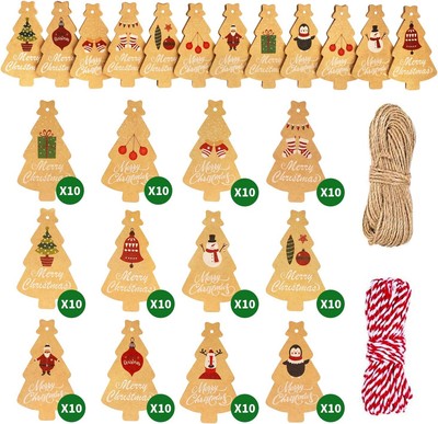Tag Regalo di Natale 50 Pezzi Etichette Kraft di Natale con Corda per Appendere per Pacchi Regalo di Natalizi Fai-Da-Te e Natale Bomboniere 
