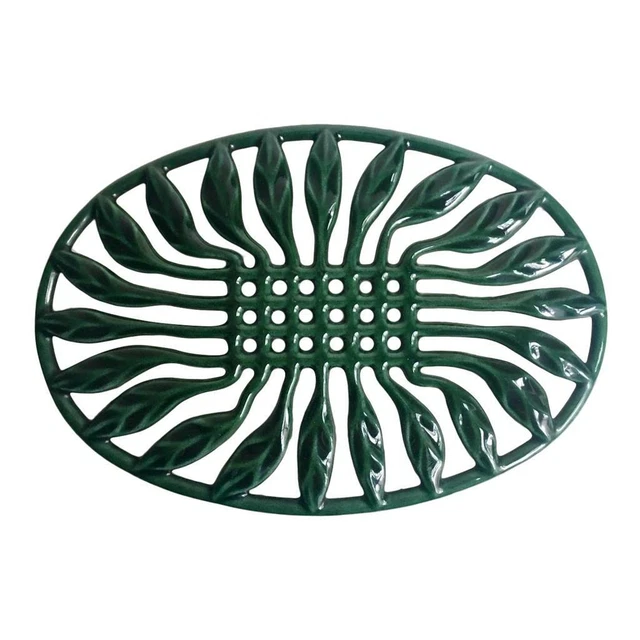 Invicta France Large Trivet Cast Iron Hunter Green Leaves Enamel Oval Leaf VTG