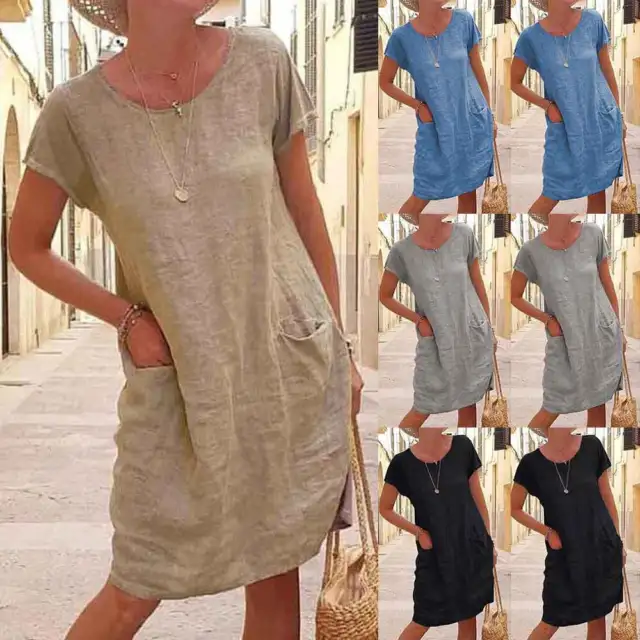 Womens Cotton Linen Mini Dress Summer Casual Loose Pocket Long Tops Kaftan Dress