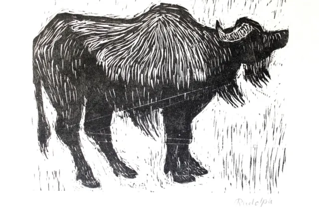 WILHELM RUDOLPH (DE. 1889-1982): Stehender Büffel, Holzschnitt, 1970, signiert