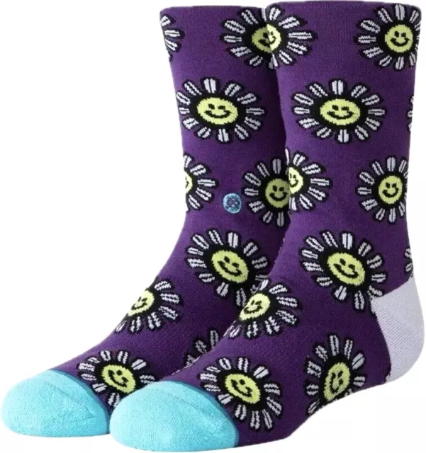 Stance Kids Purple Crew Nylon Cushion Floral Daisy Smile Casual Socks Sz L 2-5.5