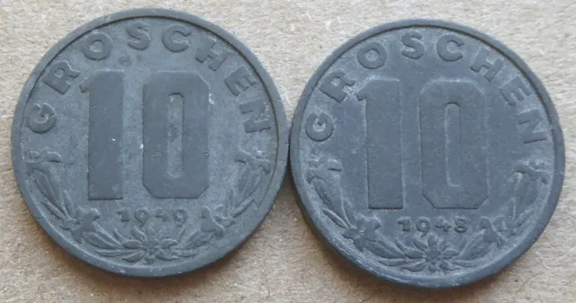 Austria 1948 & 1949 10 Groschen Coins