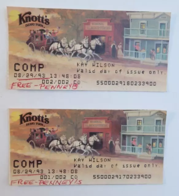 2 Vintage Tickets Knotts Berry Farm 1993 Souvenir Paper Items Theme Park