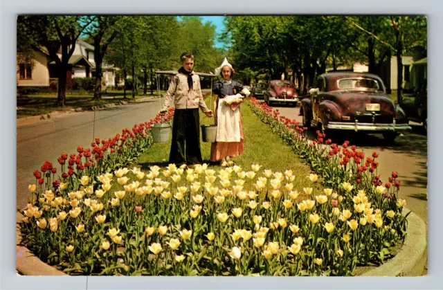 Holland MI-Michigan, Tulip Time, Dutch Kids, 1940's Cars Vintage Postcard
