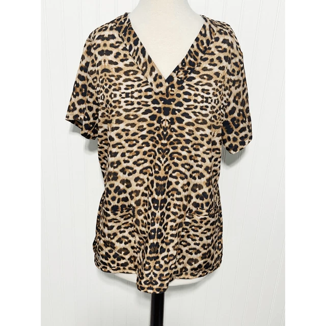 Grey's Anatomy by Barco Women's Leopard Print V Neck Scrub Top Tan Brown XL