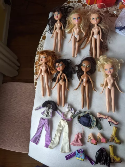 7x Bratz DOLLS + Some CLOTHES + Few SHOES Bulk Bundle LOT - MGA