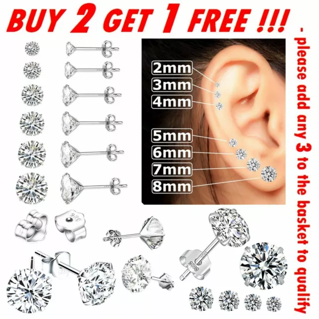 New 925 Sterling Silver Stud Earrings Cubic Zirconia Women Pack Backs Small Sets