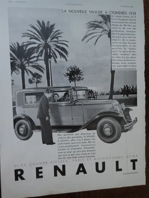 RENAULT VIVASIX 6 cyl 85 + Ecoles ABC dessin publicité papier ILLUSTRATION 1931