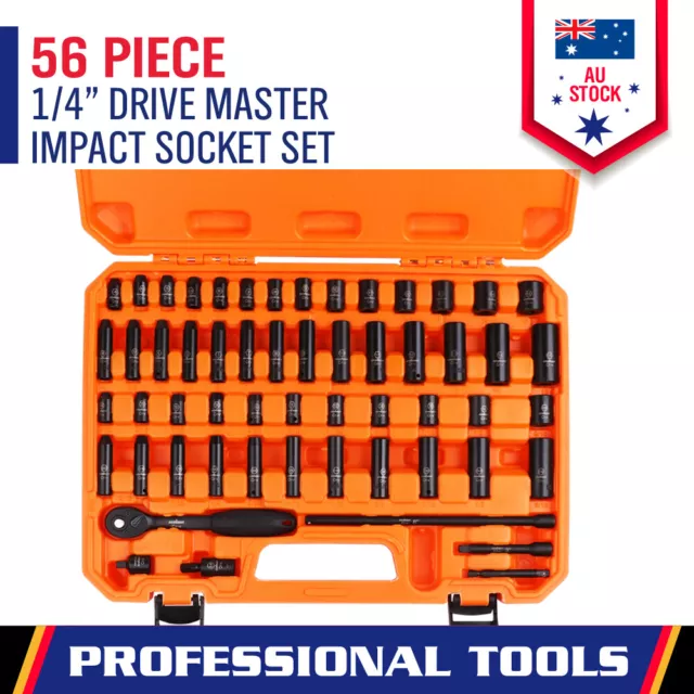 56-Piece 1/4" Drive Impact Socket Set Ratchet Wrench Extension Bar Metric & SAE
