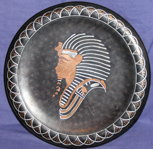 Vintage Egyptian hand made metal wall hanging plate Tutankhamun