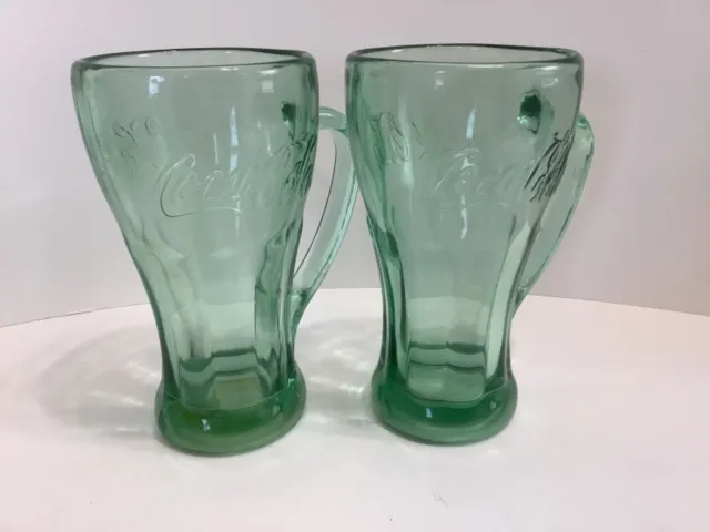 Vintage Libby Coke Coca-Cola Thick Heavy Green Glass Mugs With Handles 14oz