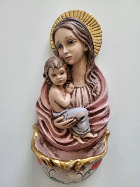 vintage Madonna and child Holy Water Font Spanish wall plaque 7" catholic