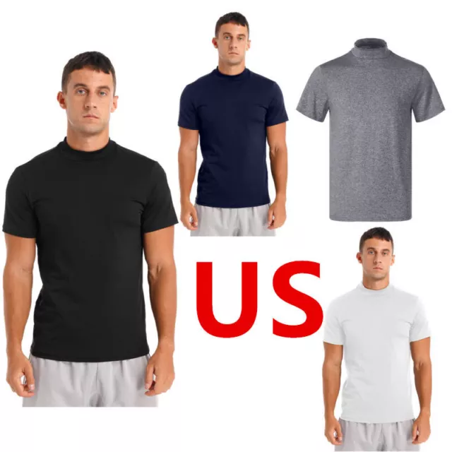 US Men T-Shirt Mock Turtleneck Solid Short Sleeve Pullover Basic Undershirt Tops