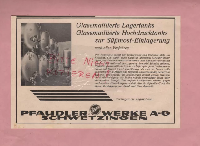 SCHWETZINGEN, Werbung 1935, Pfaudler Werke AG Glasemaillierte Lagertanks