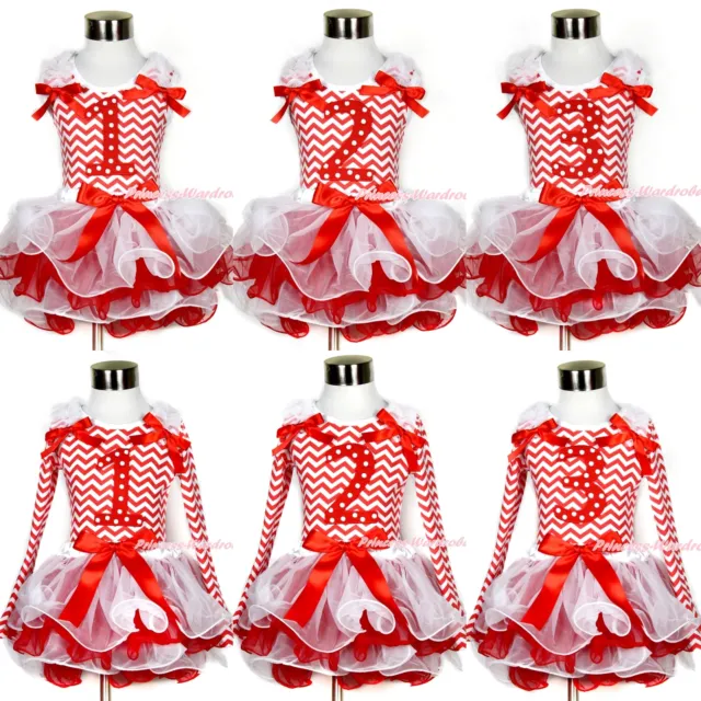 XMAS Baby Girl Birthday Number Print Red White Top White Red Petal Skirt NB-8Y