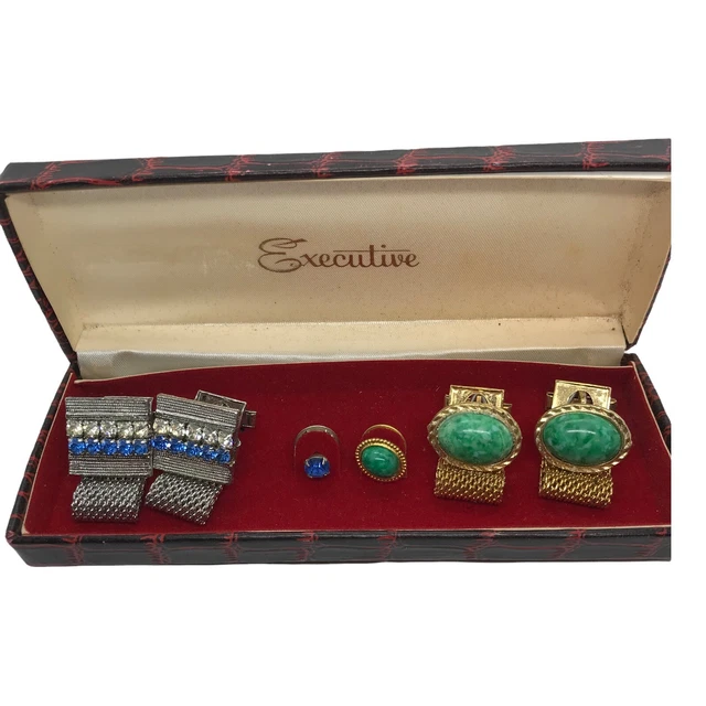 Vintage 70s Cuff Link Tie Pin Set Executive 2 Pairs Mod Disco Bling rhinestone