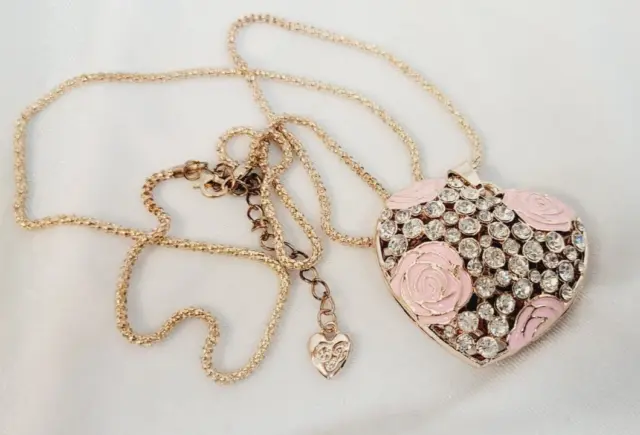 Betsey Johnson Pink Enamel Rose Flower Crystal Heart Pendant Long Necklace