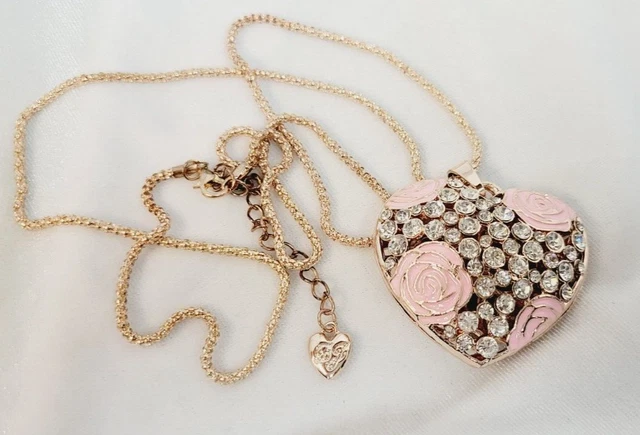 Betsey Johnson Pink Enamel Rose Flower Crystal Heart Pendant Long Necklace
