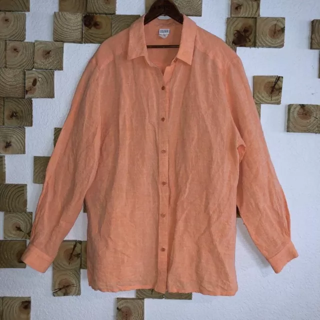 Eileen Fisher Womens Size L Linen Blend Orange Long Sleeve Button Down Shirt Top