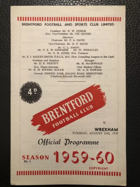 25.8.1959. Brentford v Wrexham (Div 3).