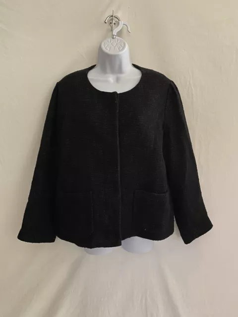 Eileen Fisher Black Tweed Cropped Jacket Cotton Linen Blend Button Front Large