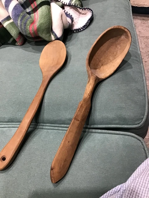 Large Early Antique Primitive Wooden Spoon + 1 Other spoon