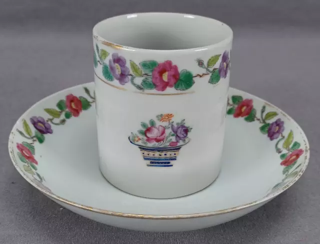 Chinese Export Hand Painted Floral Basket & Gold Coffee Can & Saucer C.1790-1810