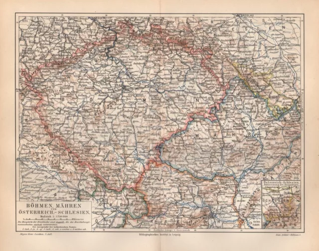 BÖHMEN Mähren Österreich-Schlesien Pilsen Prag Brünn Budweis LANDKARTE um 1900