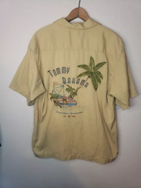 TOMMY BAHAMA Beach Resort Shirt MEDIUM 70% Silk Surfing Embroidered Stained Rv